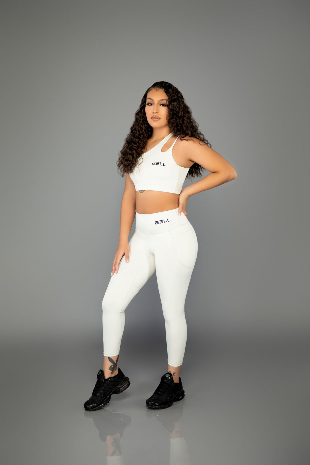 Bell power leggings set white high waisted gym leggings and sports bra