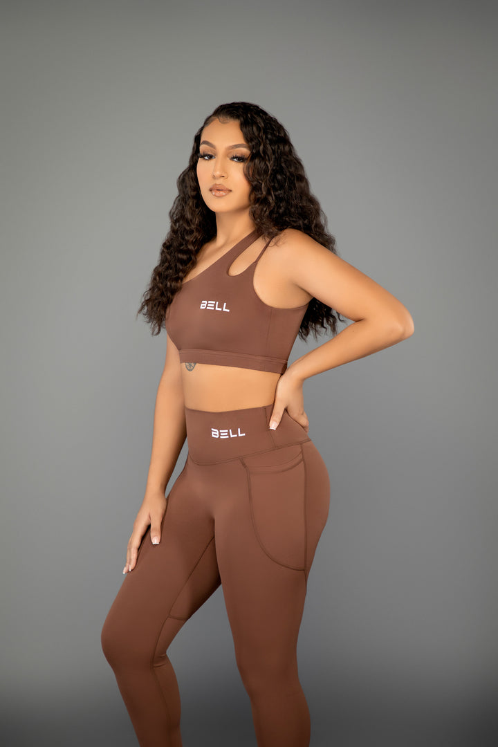 mocha gym leggings and sports bra set side view athletic wear